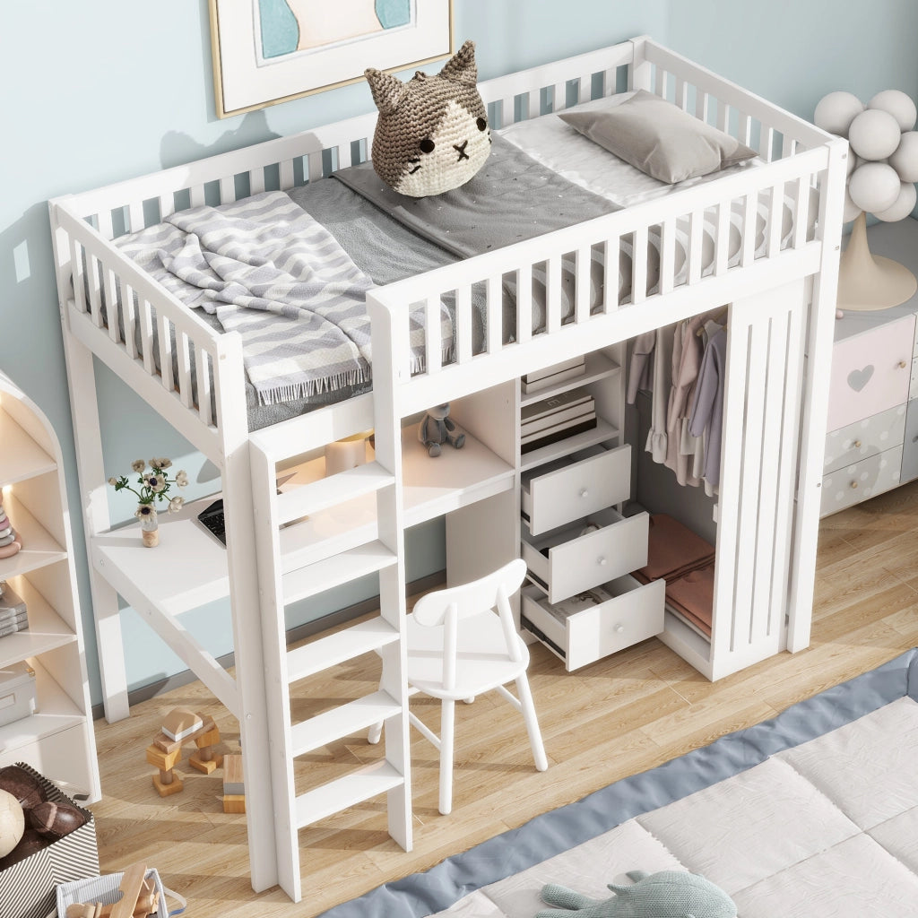 Letto a castello bianco in pino con scrivania armadio e 3 cassetti 90x200 cm