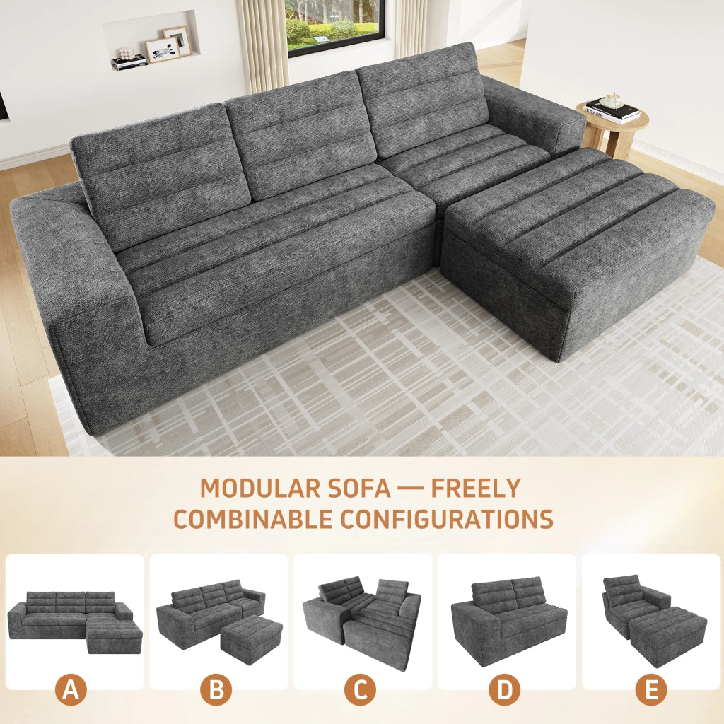 Divano angolare modulare in chenille con design senza telaio e cuscini morbidi, grigio chiaro, 253 × 161 × 89 cm
