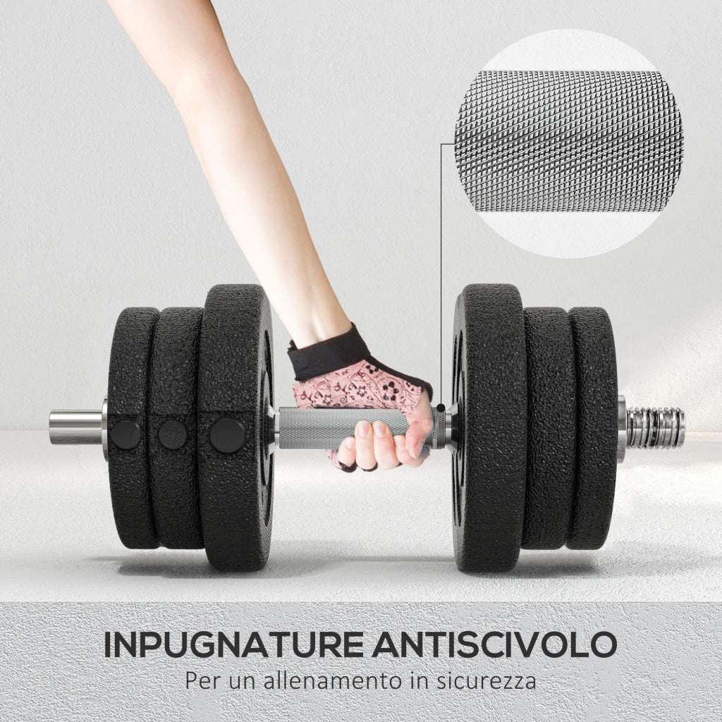 Set 2 Manubri da 25Kg Totali con 12 Dischi in Acciaio e PU Nero
