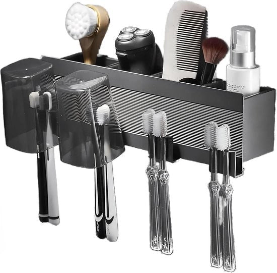 Oggetto da bagno per tenere a posto spazzolini da denti - nero alluminio - spazio risparmiato - 4 alloggiamenti - contenitore per bicchieri da denti - contenitore angolare da appendere - installazione automatica - autoadesivo