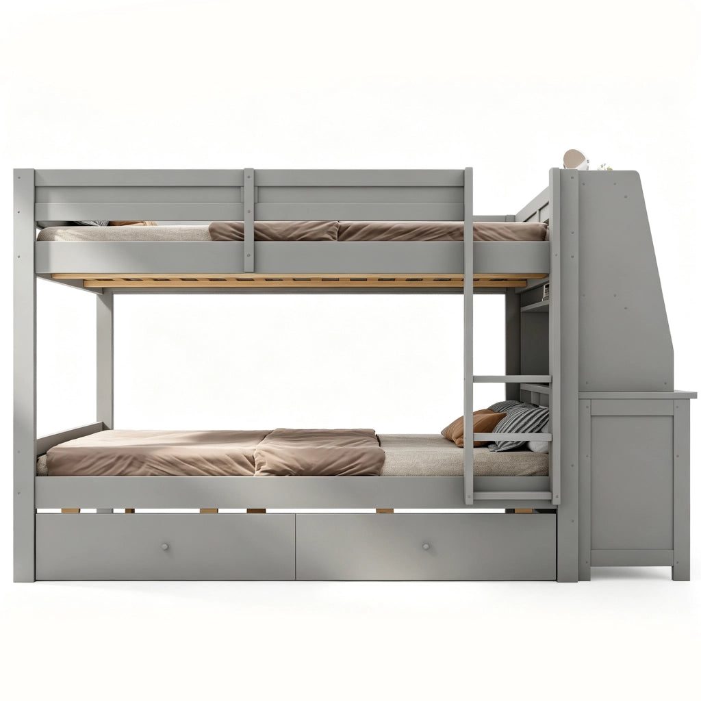 Letto a castello due livelli 140 × 200 cm con scrivania; armadio laterale; cassetti e scala frontale in legno grigio