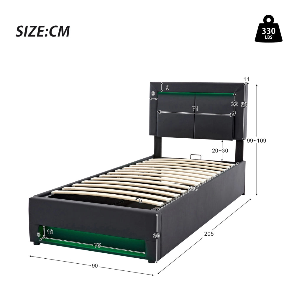 Letti contenitori 90x200 cm; USB e LED; contenitore; PU nero (Senza materasso)