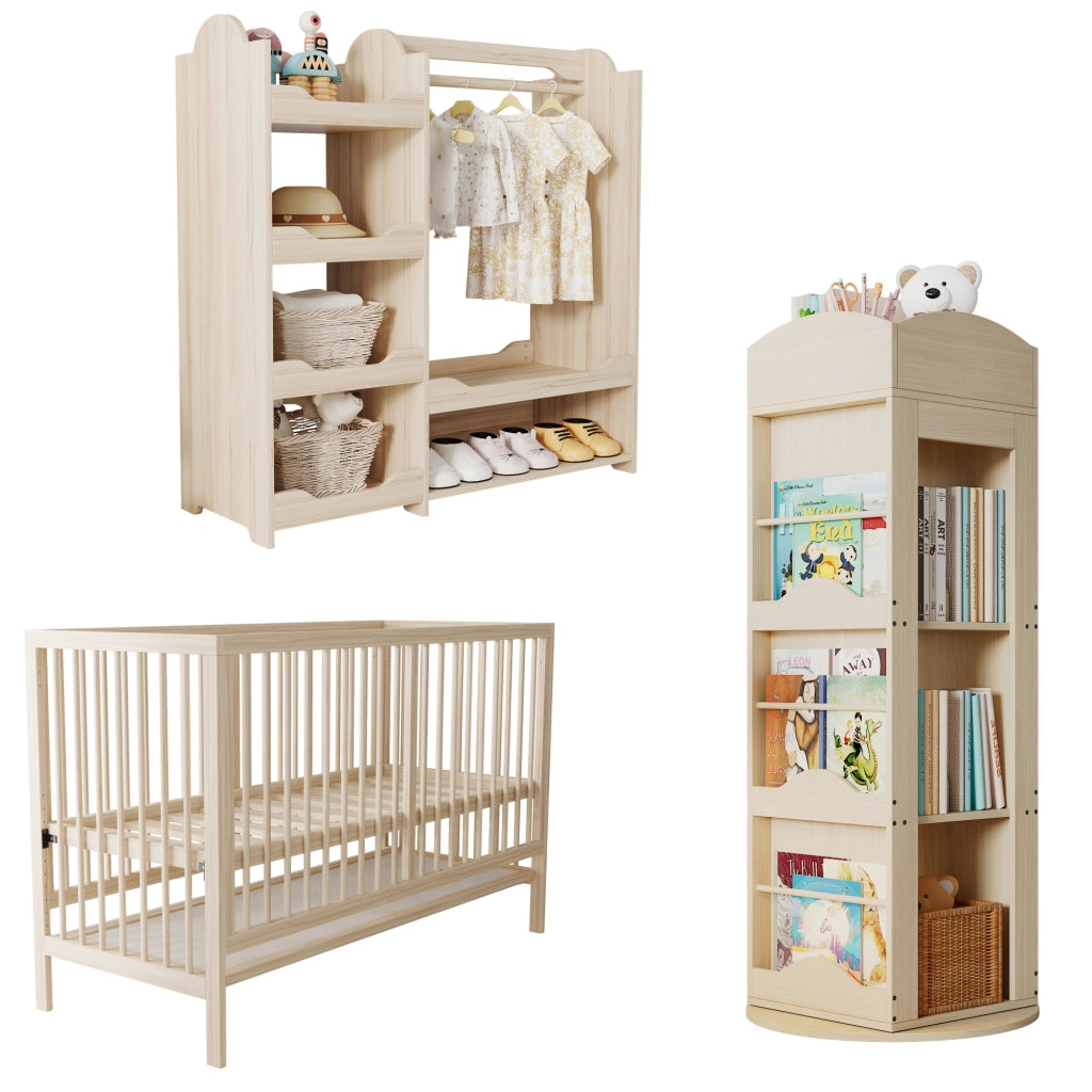 Set mobili cameretta bambini: lettino in legno multifunzione + armadio + libreria girevole, colore naturale