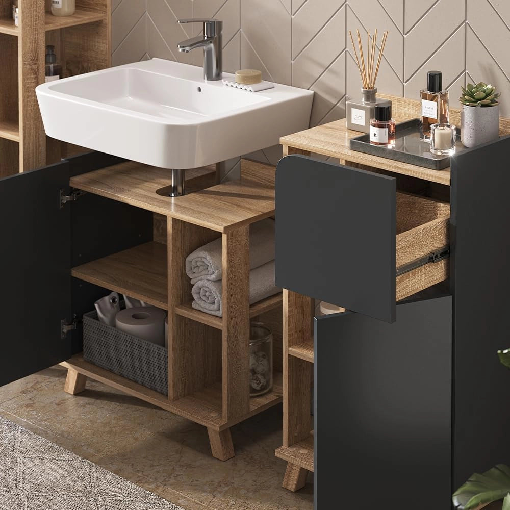 Set di mobili da bagno Karen, Sonoma/antracite, 60 cm, composto da mobile sottolavabo, specchiera, colonna, base media e pensile