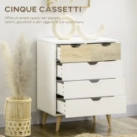 Cassettiera a 5 Cassetti per Camera da Letto con Maniglie Intagliate, 60x40x77.5cm, Bianco e Legno