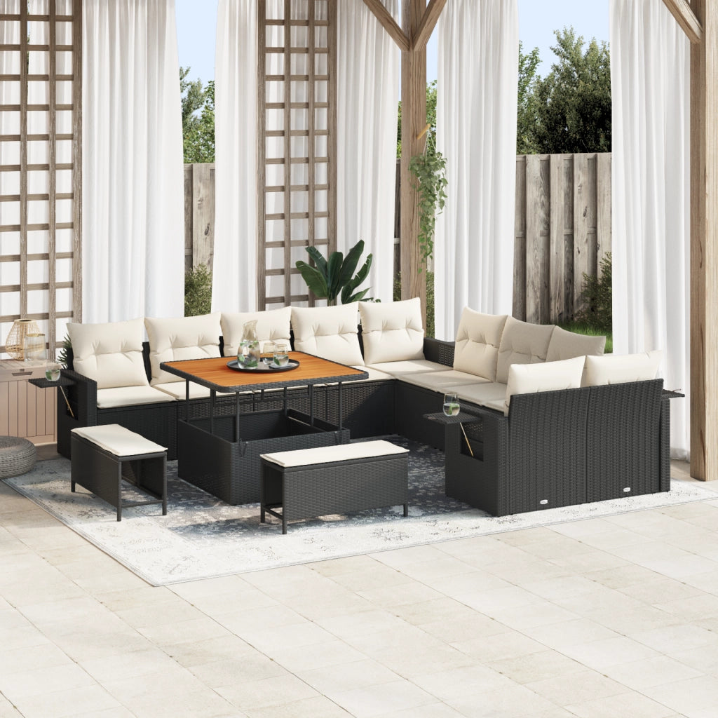 Set Divano da Giardino 13 Pezzi con Cuscini Nero Polyrattan Acacia