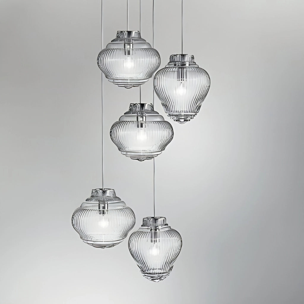 Bonnie Lampada a sospensione in vetro soffiato artigianale con lavorazione rigadin colore Bluino, diametro 27.5 cm, struttura metallo grigio, E27
