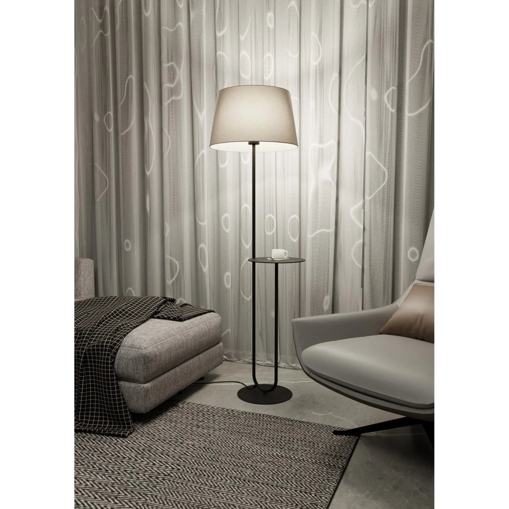 Piantana 1 Luce Horus Paralume In Tessuto Beige Con Mensola In Acciaio Nero
