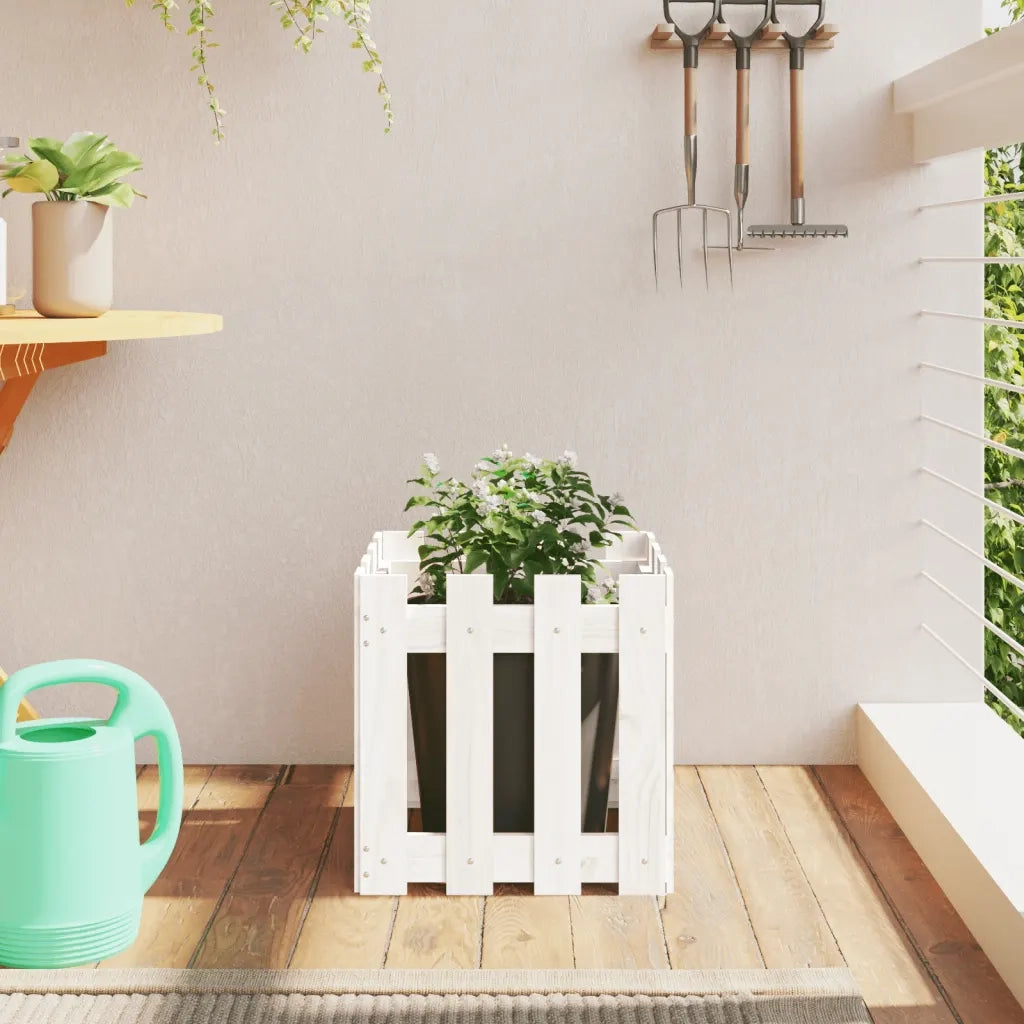 Fioriera | Cassetta per fiori | Vaso Giardino a Recinzione Bianco 40x40x40 cm Massello Pino