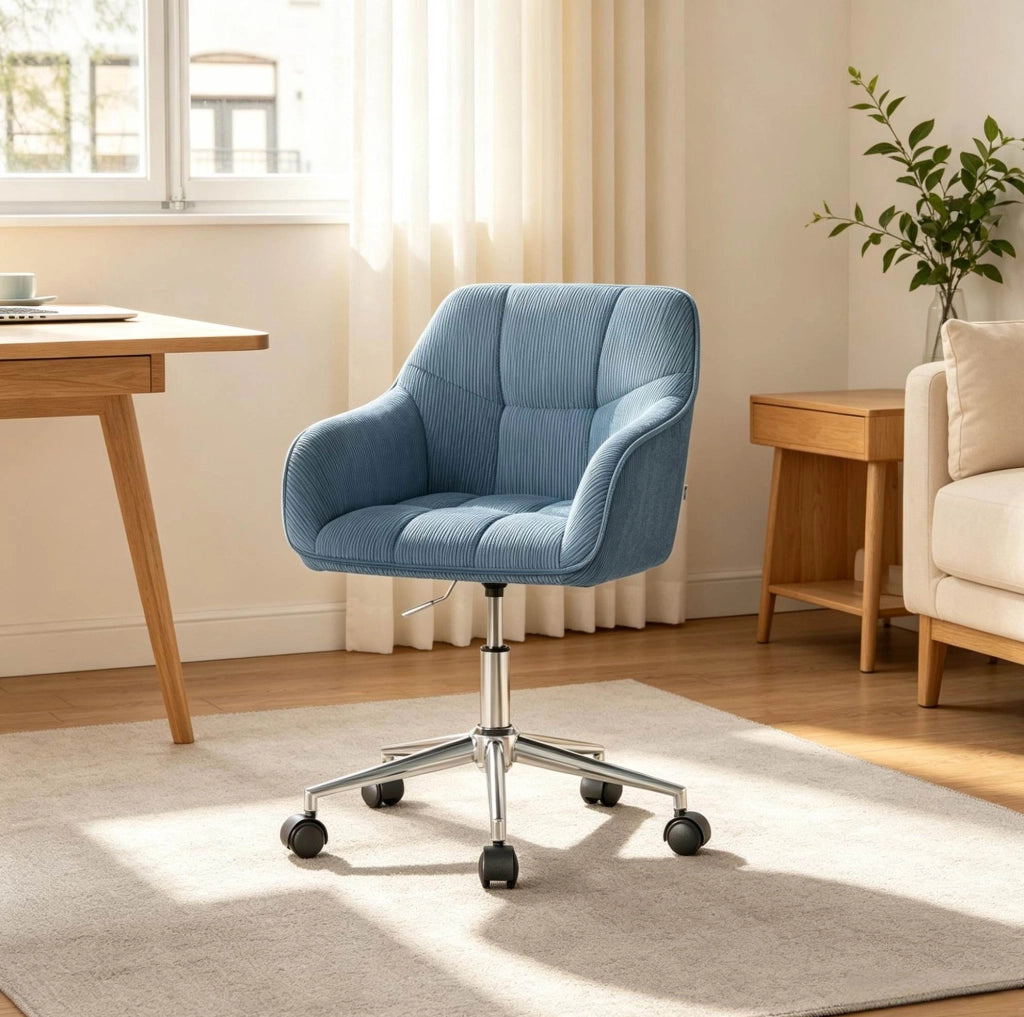 Sedia da ufficio girevole in velluto blu con schienale ergonomico e altezza regolabile