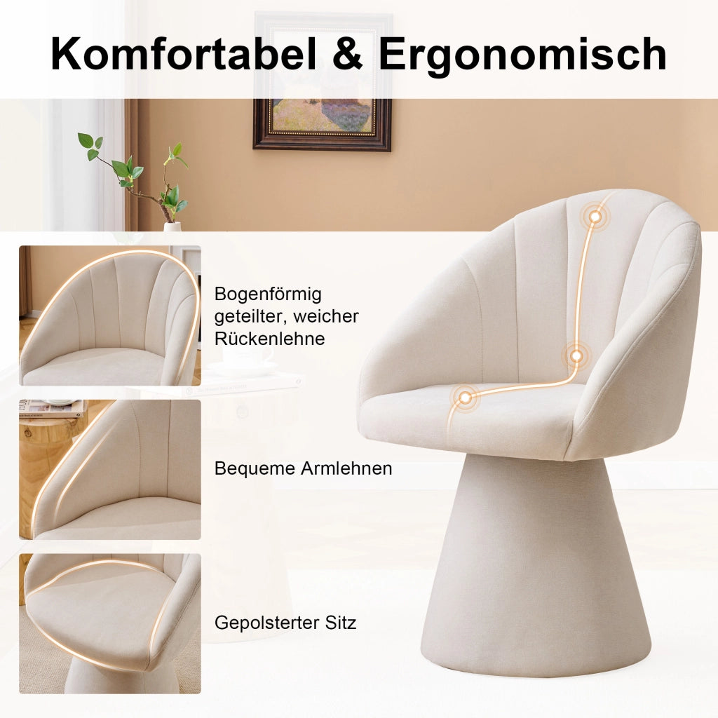 Chaise girevole 360° in tessuto chenille con schienale ergonomico, braccioli integrati e base stabile in legno beige