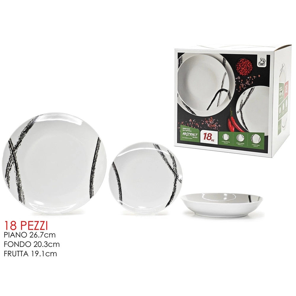 Trade Shop - Servizio Di Piatti Da Tavola In Porcellana 18pz Design Linee Grafiche Nere Stile Astratto -