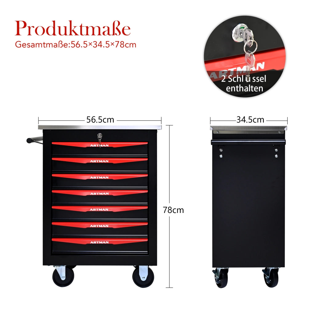 CARRELLO PORTA ATTREZZI 7 cassetti con ruote 62,5x34,5x78 cm Acciaio Nero/Rosso