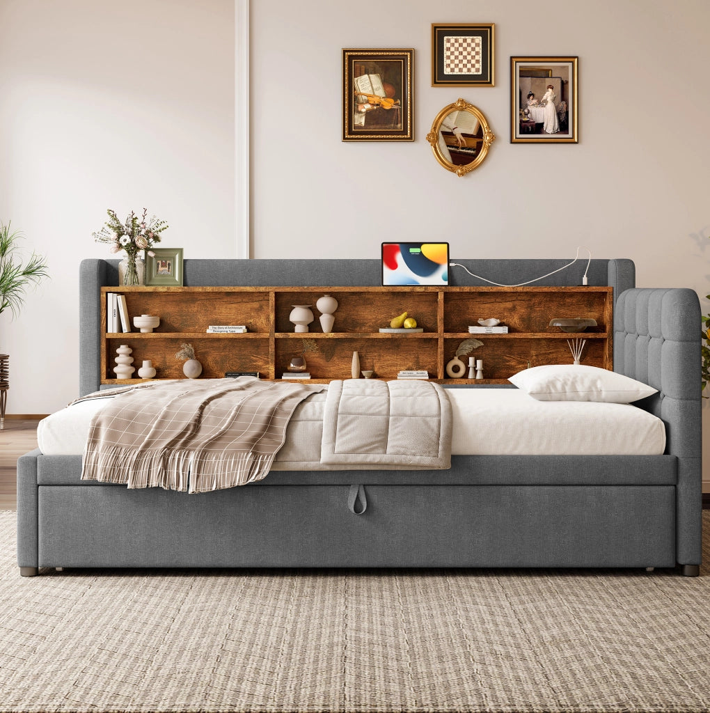 Letto daybed estraibile con testiera imbottita e prese di ricarica
