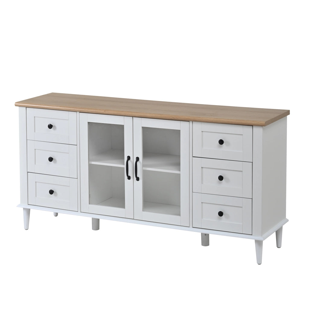 Credenza Soggiorno con LED, 6 Cassetti e 2 Ante ¨C Xylo ¨C Bianco/Legno, 150x40x75 cm