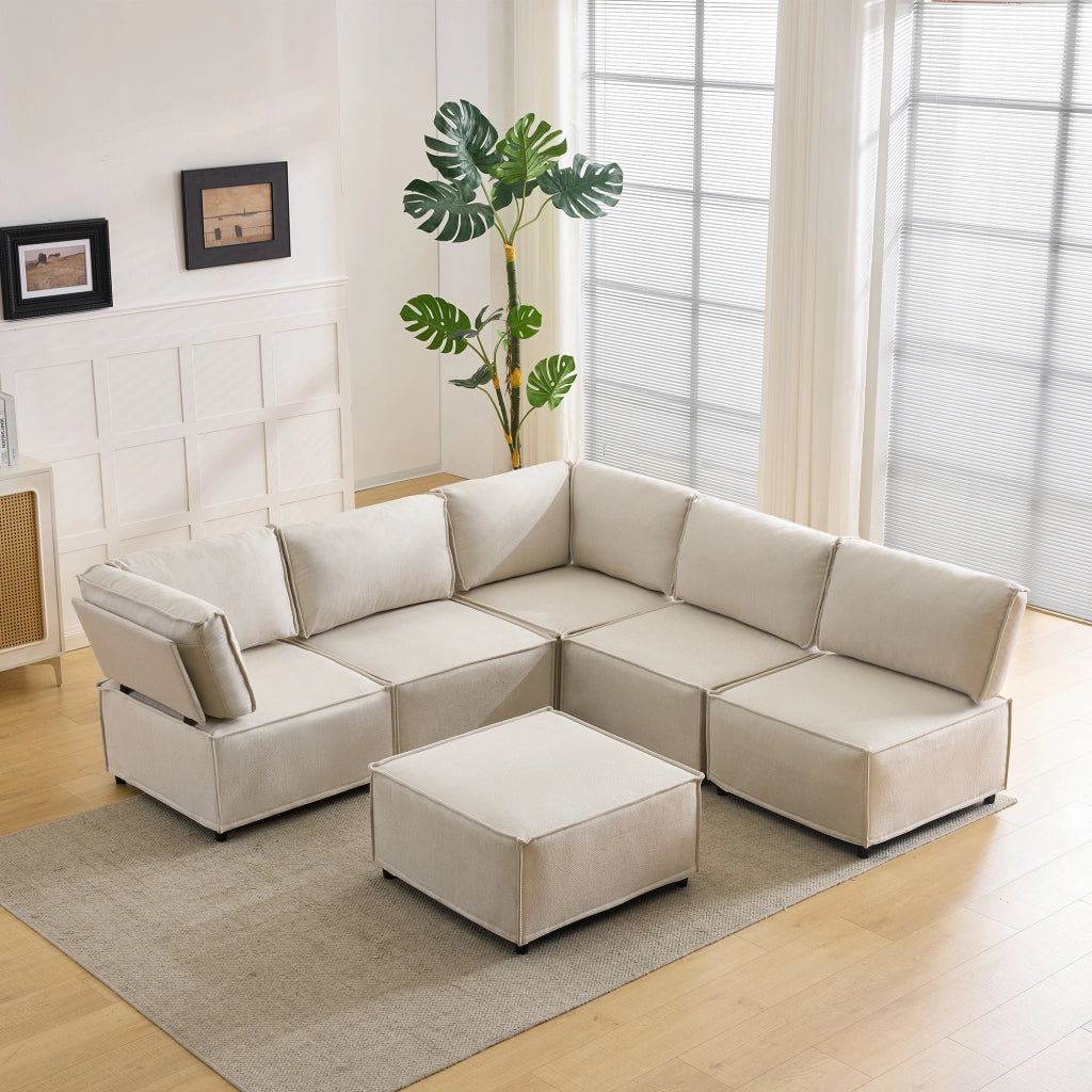 Divano angolare modulare - componibile con configurazione flessibile - in tessuto e legno - beige