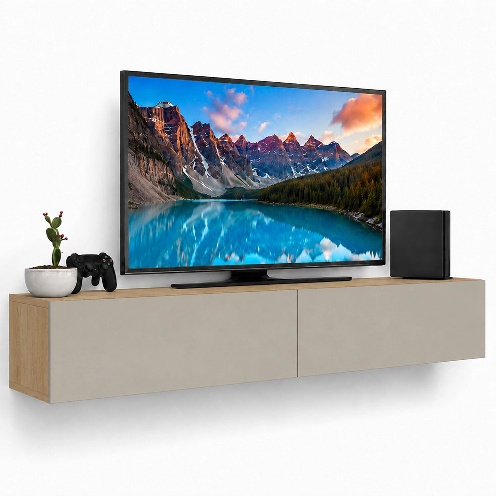 Mobile Porta Tv Sospeso da Salotto con 2 Cassetti Quercia e Sabbia 135x31.5x25cm