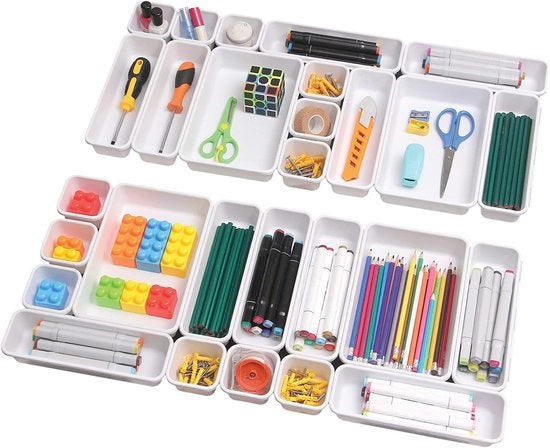 Sistema di organizzazione per cassetti 24-delicato per ufficio, cassetti di plastica per scrivania, organizzatore di cassetti per ufficio per cucina, bagno, accessori per ufficio, comodino, camera da letto - bianco