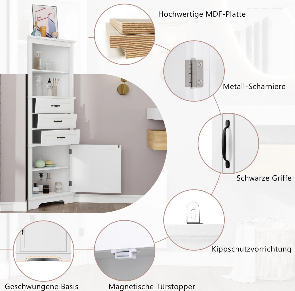 Mobile angolare da bagno in MDF bianco, 3 cassetti e ripiani regolabili