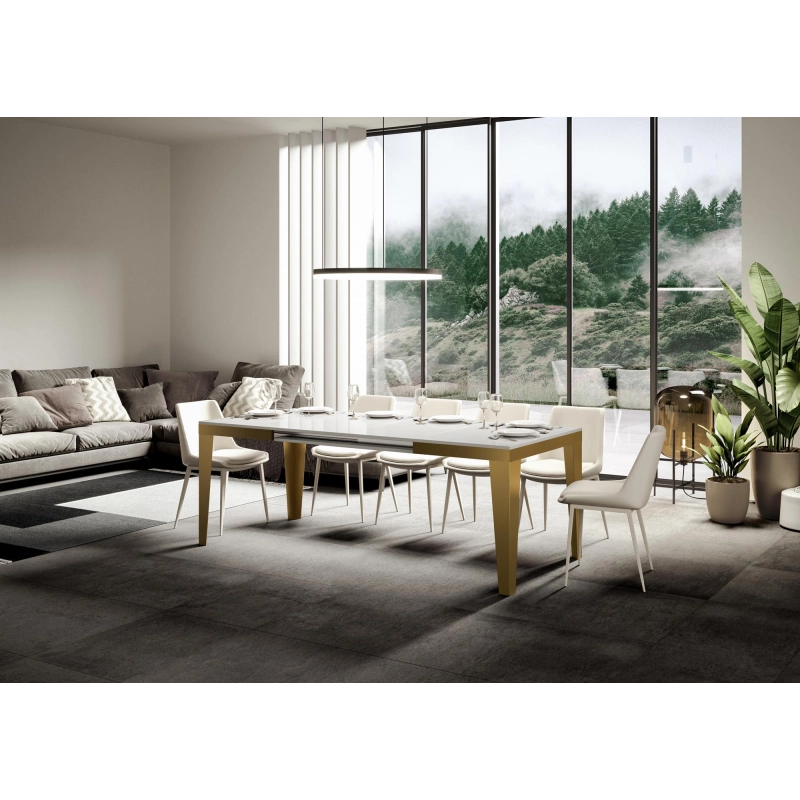Tavolo allungabile 90x120/224 cm Flame Evolution telaio Oro - Bianco Frassino