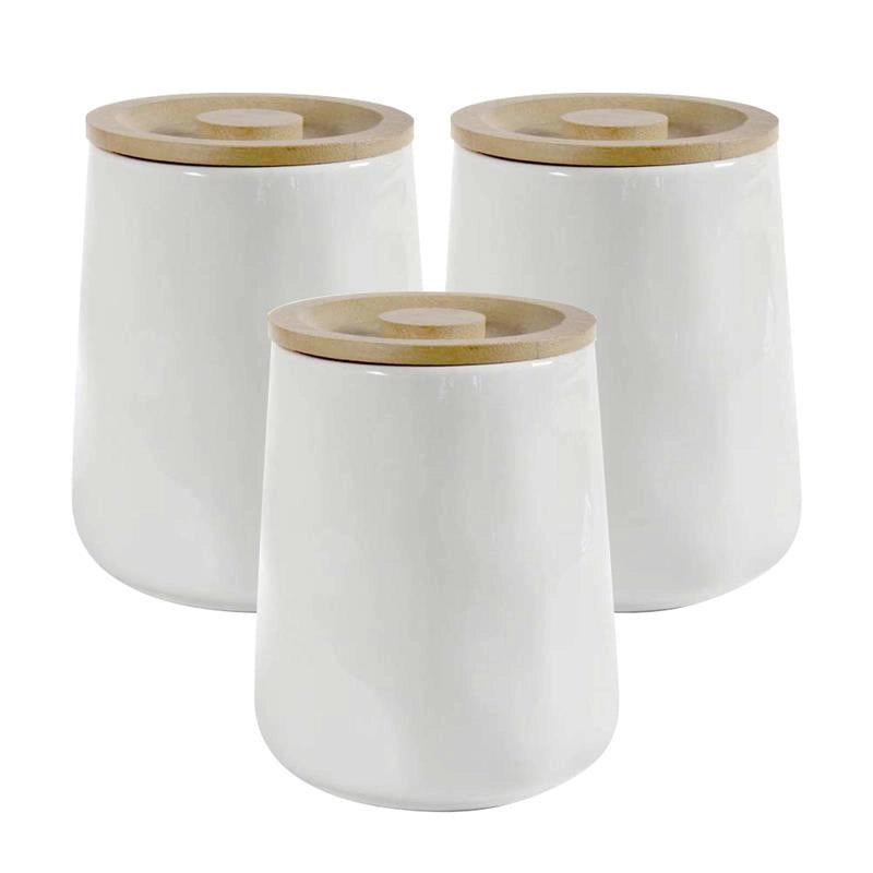 SET 3 BARATTOLI IN CERAMICA BIANCO CON TAPPO IN LEGNO SENZA SCRITTE 12X16 CM