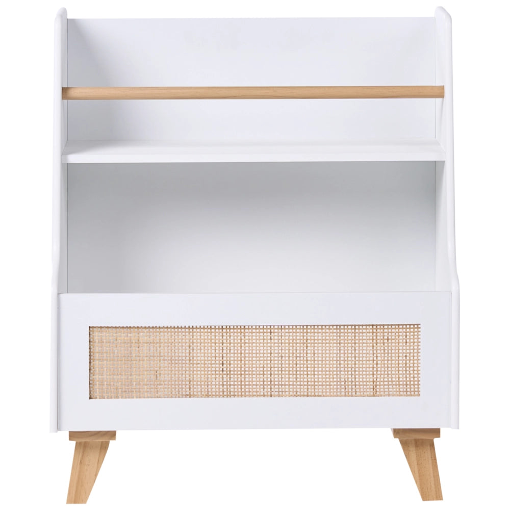 Scaffale a 2 ripiani in MDF bianco con frontale in rattan ripiani aperti contenitore per giocattoli camera dei bambini sala giochi