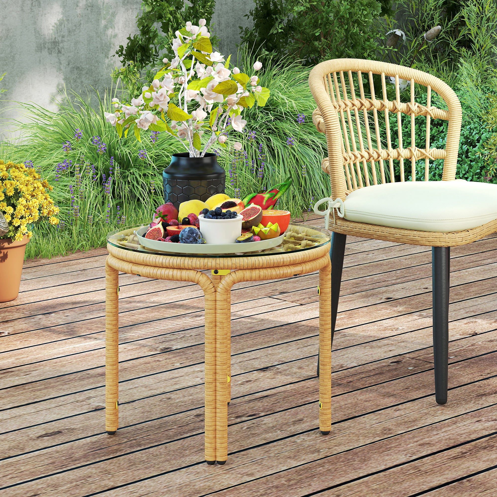 Tavolino da Giardino in Stile Boho Chic Ø50x44 cm in Rattan e Vetro Giallo