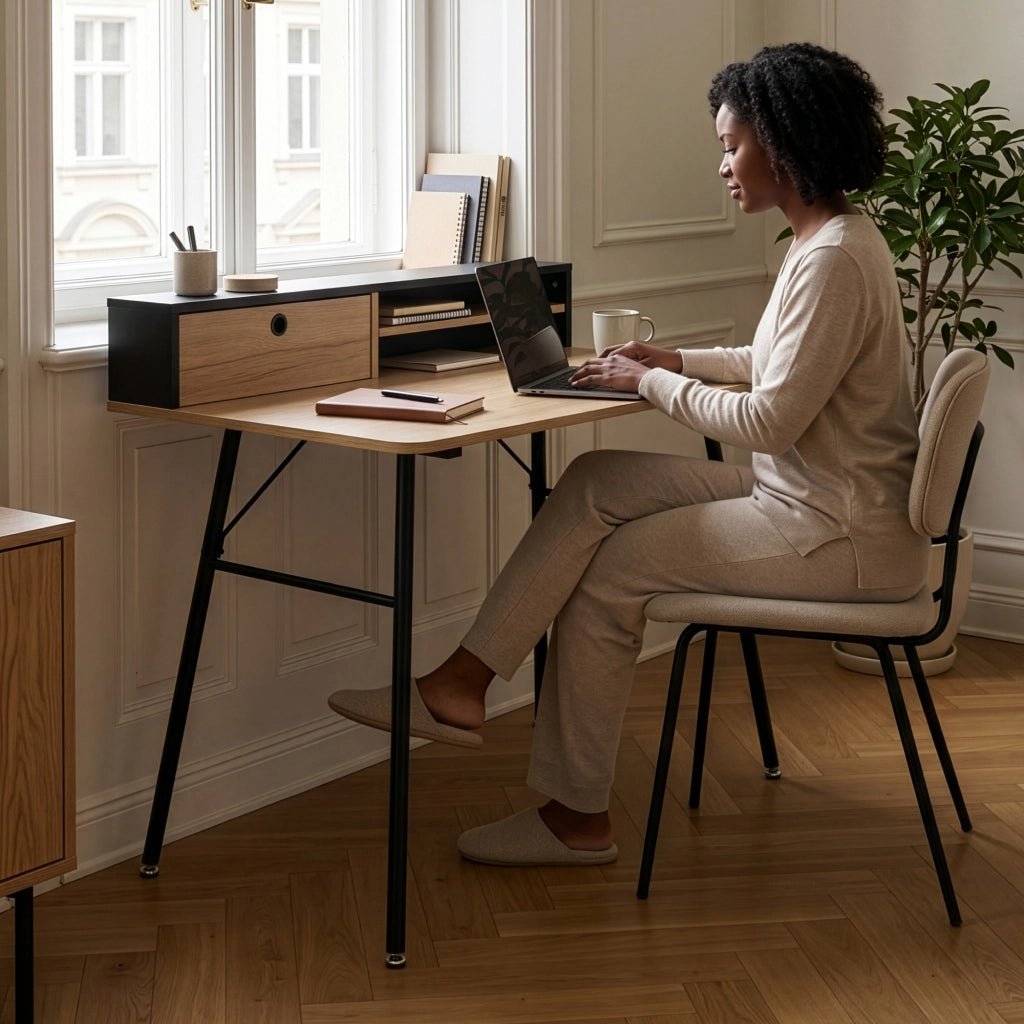 Scrivania Var con 2 Scomparti e Cassetto 93 x 90 x 50 cm - Nero / Effetto Rovere [en.casa]