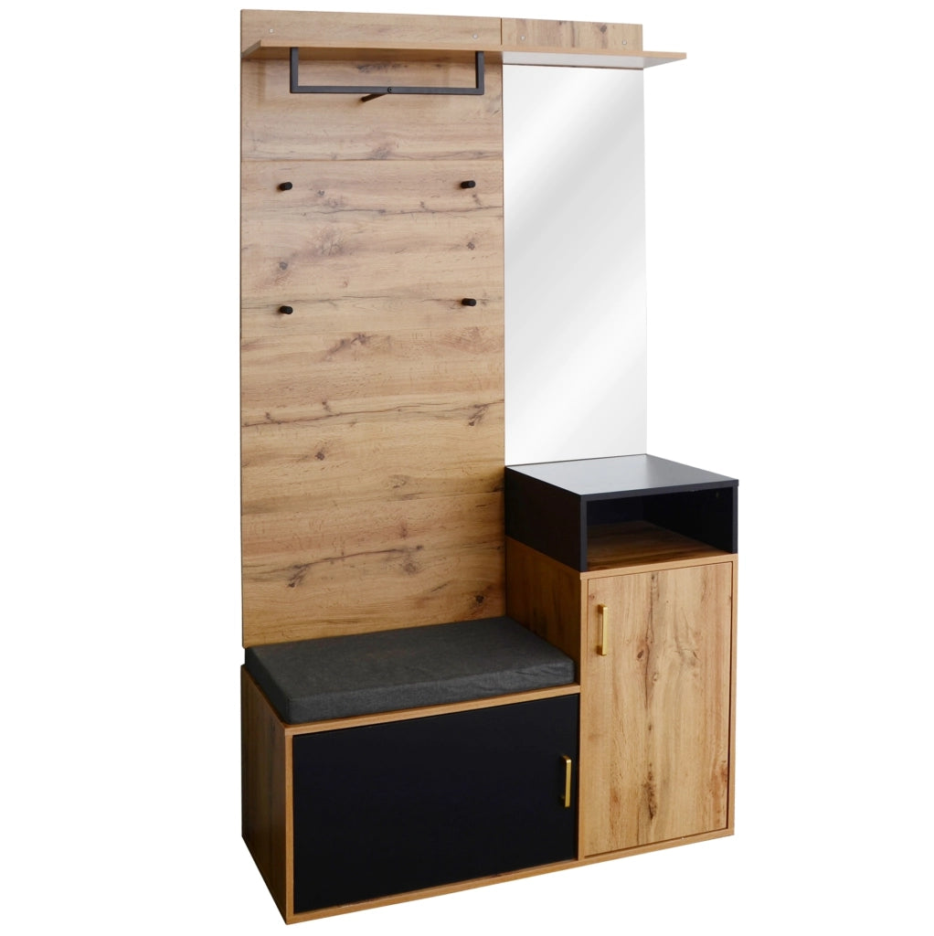 Set ingresso con scarpiera; specchio; 4 ganci e panca; 105x40x191;5 cm; nero e legno