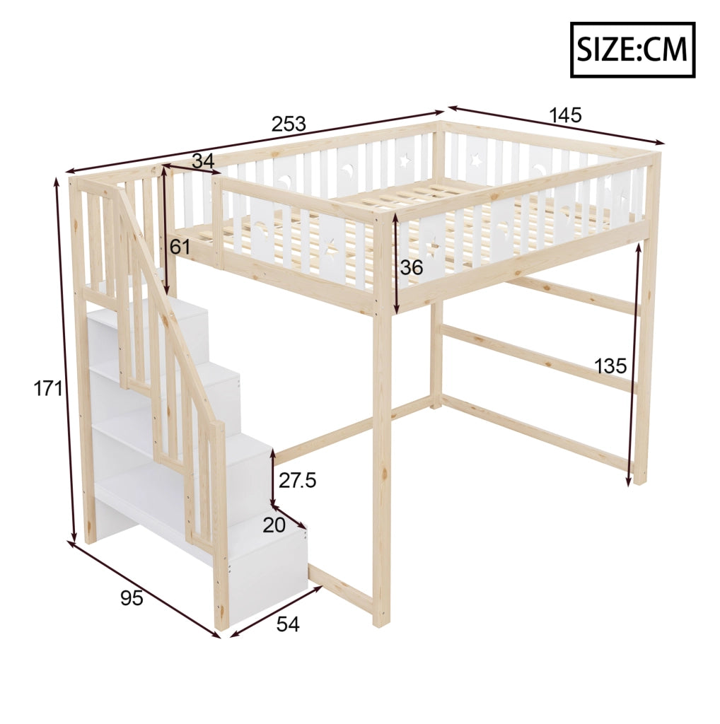 Letto a soppalco per bambini 140x200 cm in legno massello; con scala e ripiani; naturale e bianco
