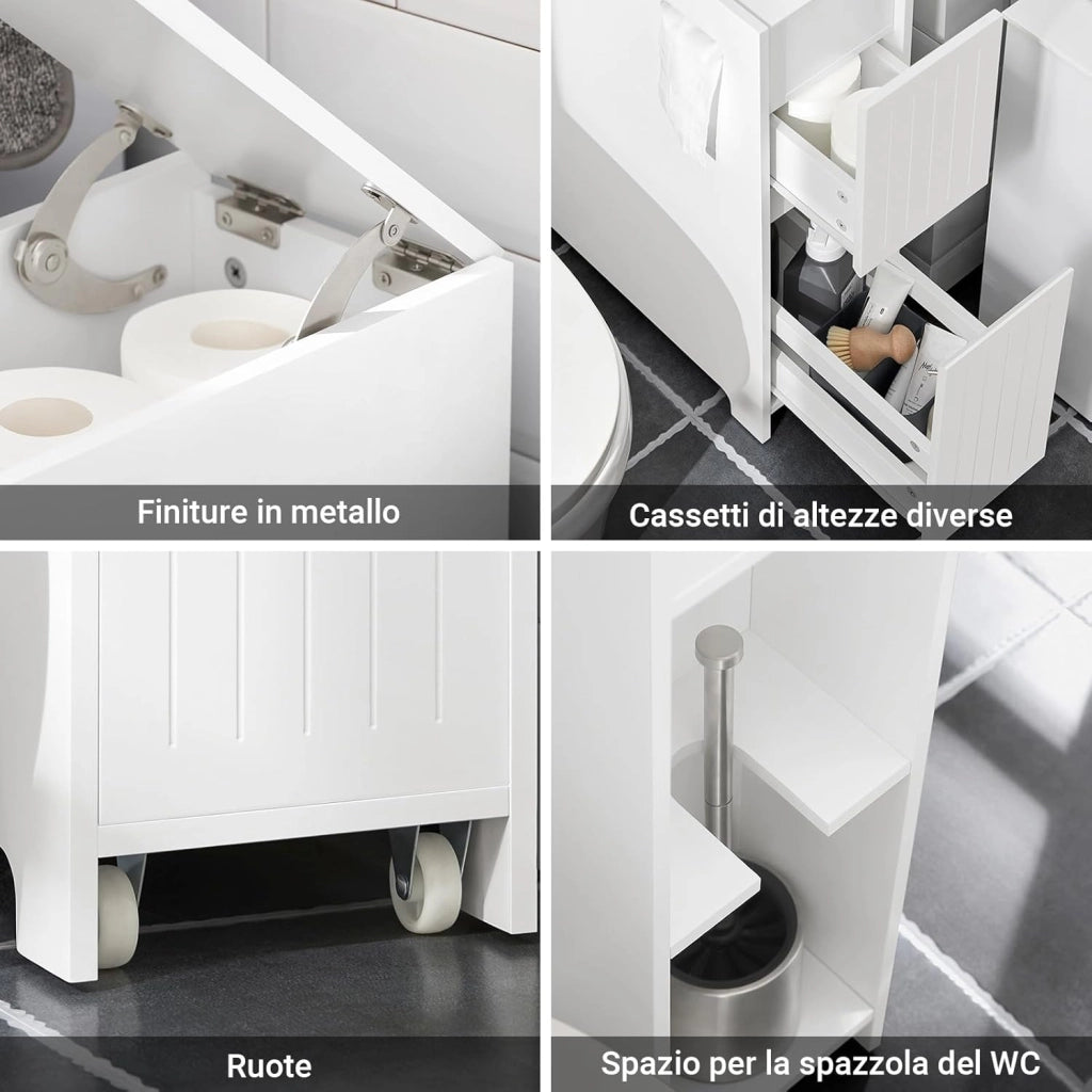Stretto Mobiletto Bagno con Rotelle 20cm– Carrellino Salvaspazio con Cassetto per Conservare Carta Igienica, Mobile Bagno in Legno, Bianco, 20x75x60cm, BZR111-W