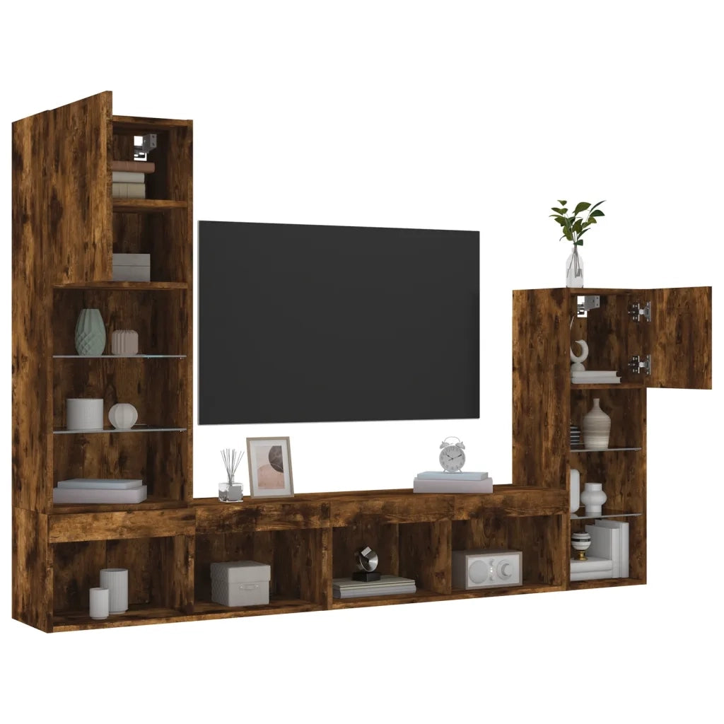 Mobili TV a Muro con LED 4pz Rovere Fumo in Legno Multistrato 3216651