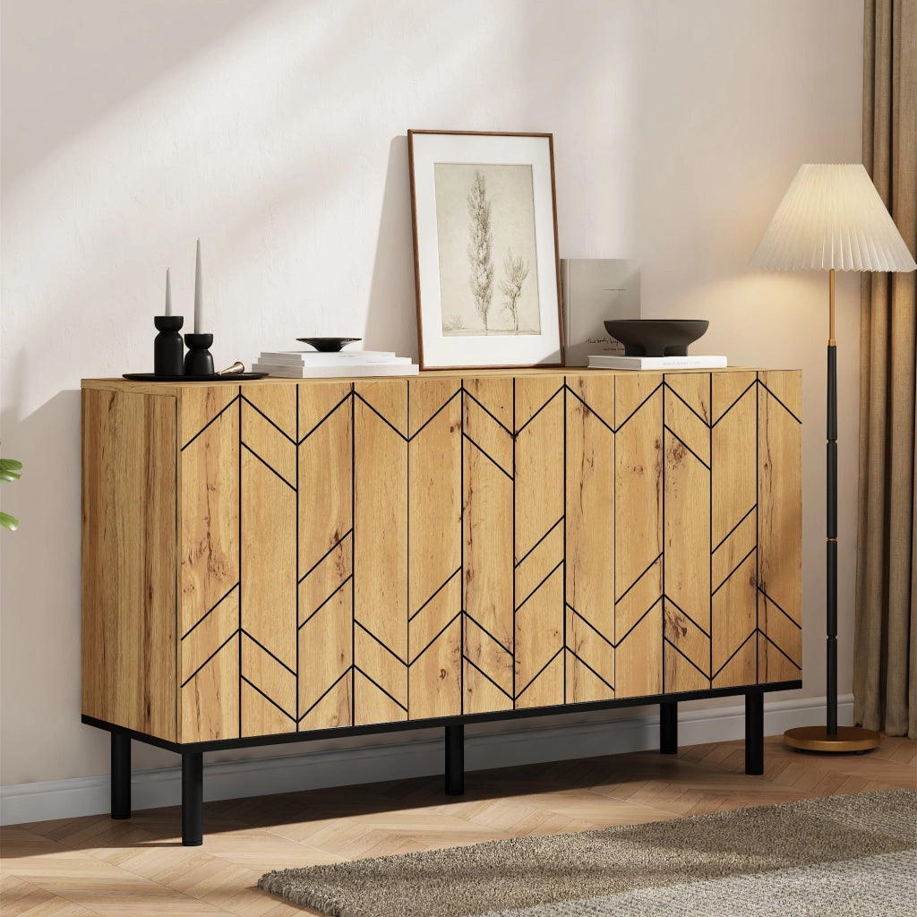 Credenza con 3 ante e vani; per soggiorno; in truciolare e metallo; 120x35x70 cm naturale