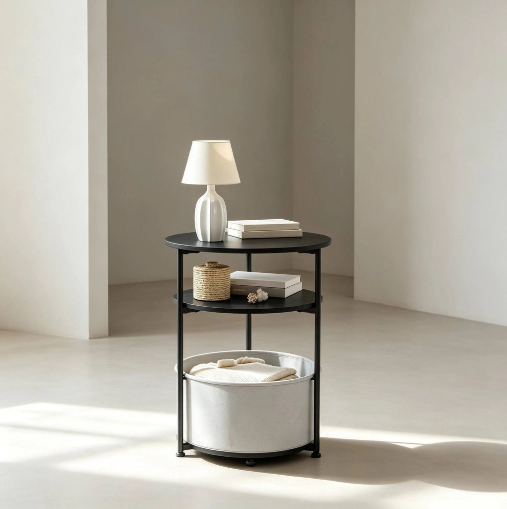 Tavolino rotondo con cesto portaoggetti nero Ø43 x 56 cm