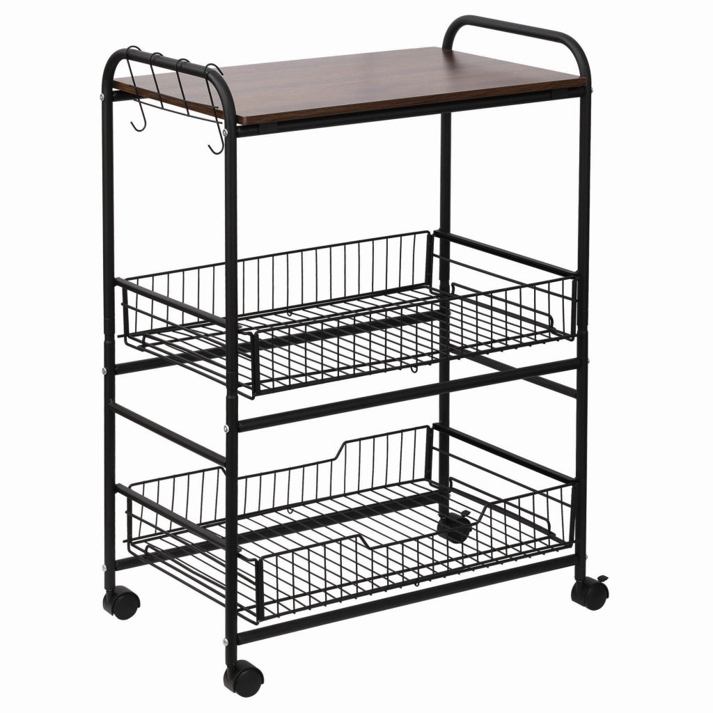 EasyComfort Carrello da Cucina Portavivande Stile Industriale con 4 Ruote, 2 Cestini e 4 Ganci, 60x38x85.5cm, Marrone Nero