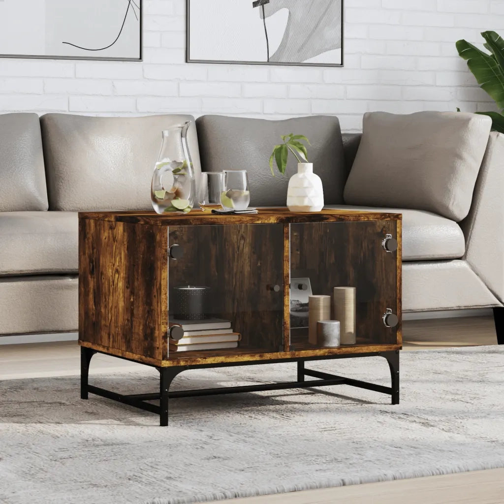 Tavolino da salotto | Tavolino da caff¨¨ | Tavolino da Soggiorno con Ante in Vetro Rovere Fumo 68,5x50x50 cm