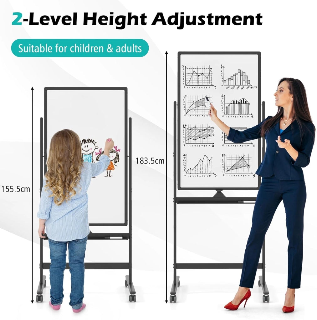 Lavagna bianca mobile double face, 60 x 90 cm, lavagna magnetica su gambe regolabile in 2 altezza, cancellabile a secco, pennarelli neri, cancellatore, magneti (nero, 60 x 100 cm)