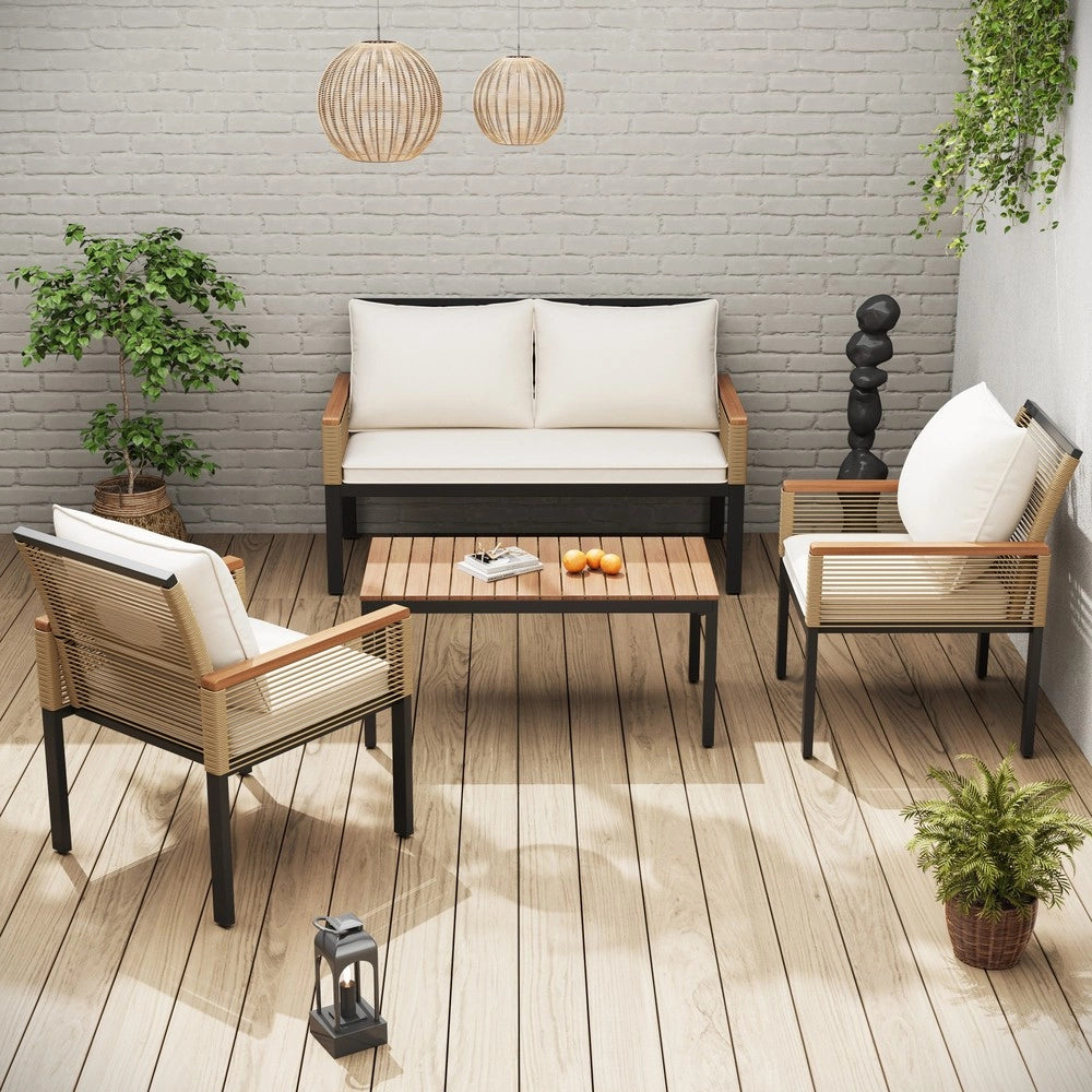 Set da giardino in rattan - Zephmum- 2 sedie, divano, tavolo, cuscini comodi