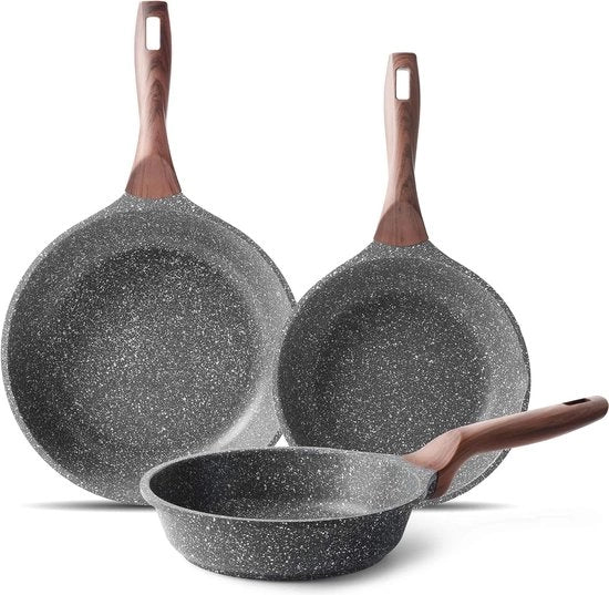Set di padelle inductive 20 24 28 cm, rivestimento antiaderente in pietra granito, set di padelle, padelle per brasatura e universali, padelle per omelette in marmo