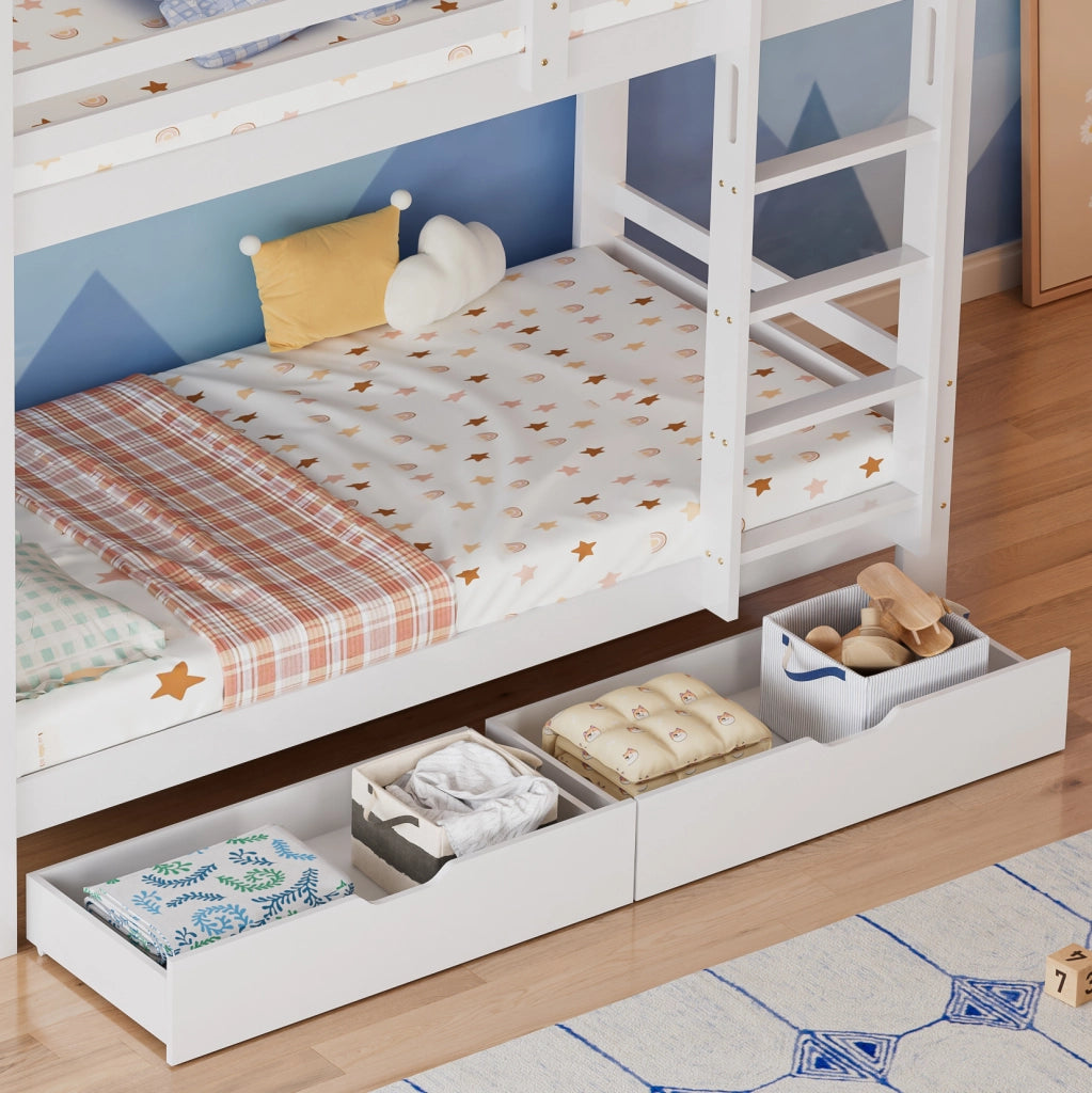 Letto a castello con cassetti e mensole, struttura in legno, bianco 90x200 cm