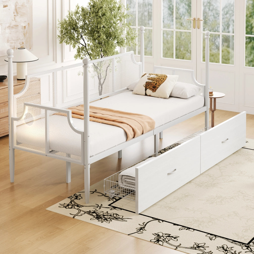 Divano letto in metallo 90 × 200 cm 1 posto con 2 cassetti, senza materasso, metallo, bianco