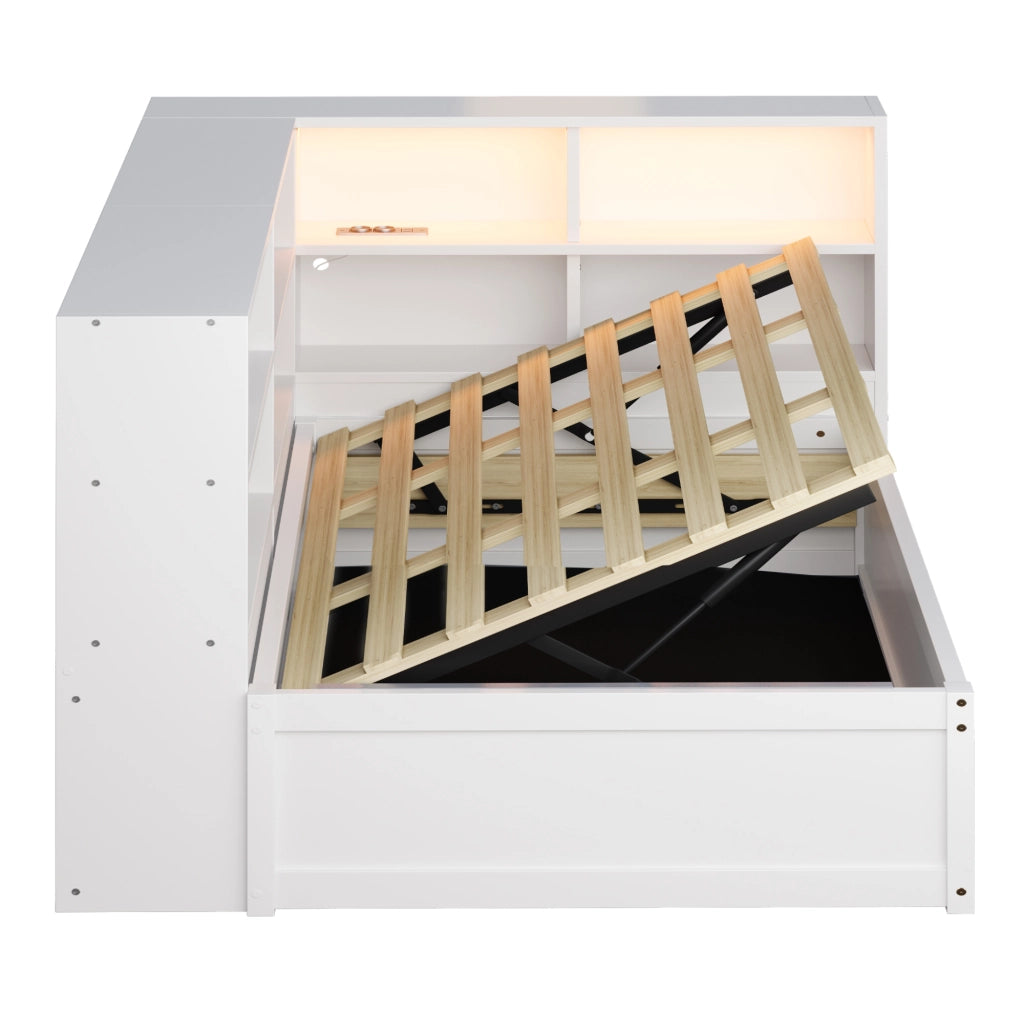 LETTO multifunzione 90x200 cm in legno massello bianco con LED e vani contenitore