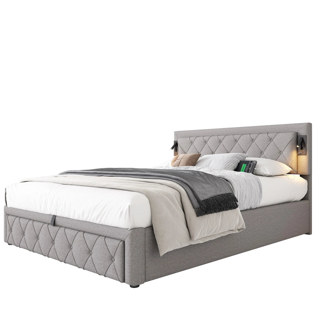 Letto matrimoniale imbottito con contenitore; luce integrata e porte USB; in lino grigio