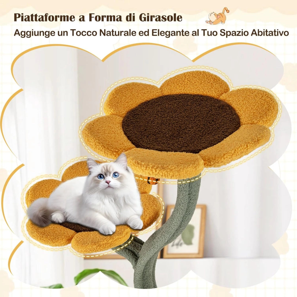 Albero per Gatti, Tiragraffi per Gatti a Forma di Girasole con 4 Piattaforme a Forma di Fiore, Pali Tiragraffi, Base Rotonda Ampia, Piattaforma Imbottita e Pallina Sospesa, Mobili Arrampicata