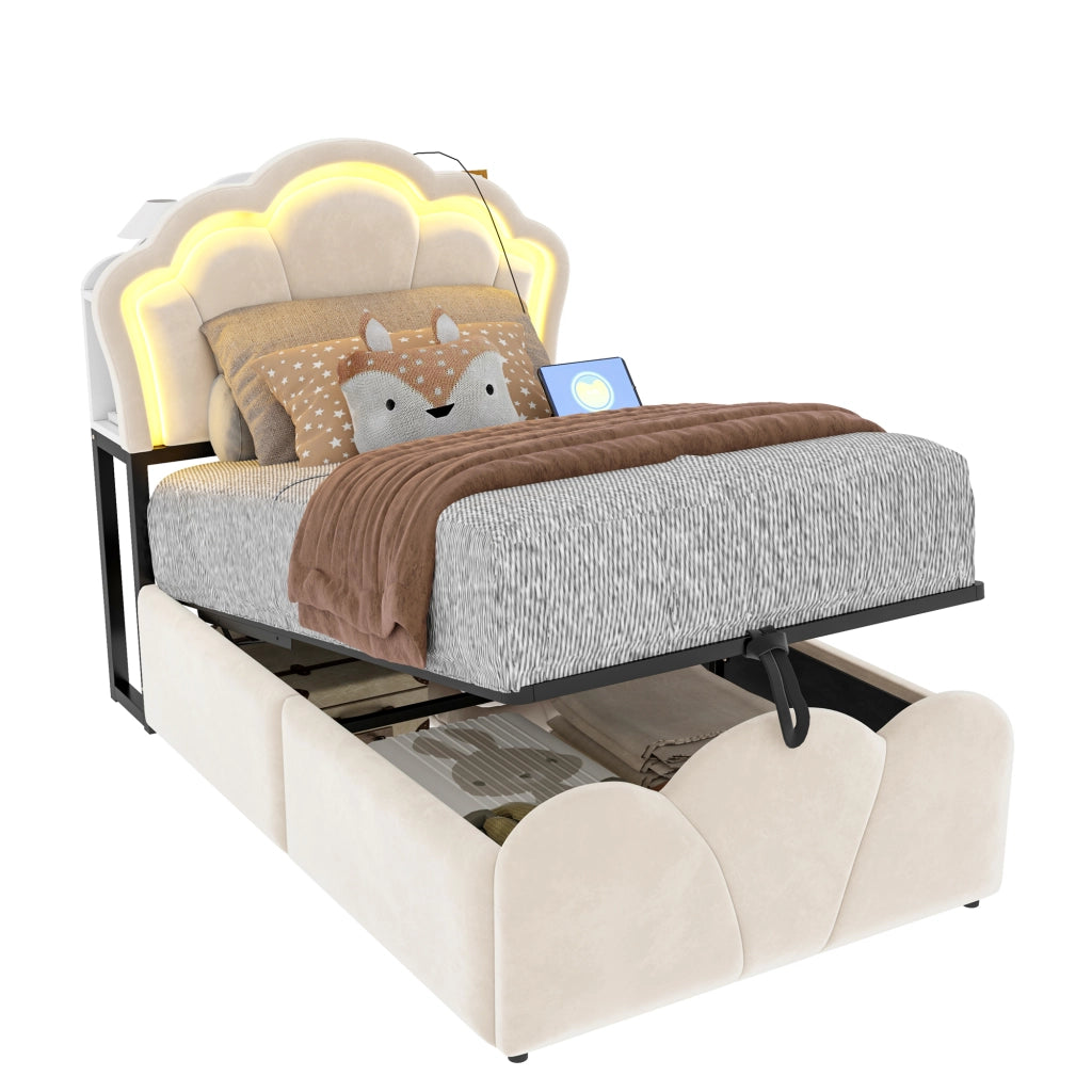 Letto contenitore 1 piazza con LED; prese; vani testiera; materasso non incluso; in velluto beige