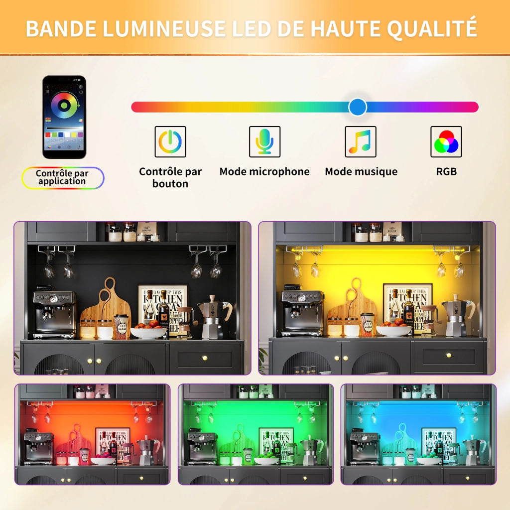 Credenza da Cucina Alta con 4 Ante; LED Regolabile e Vani Interni; in MDF Nero; 120 x 40 x 188 cm