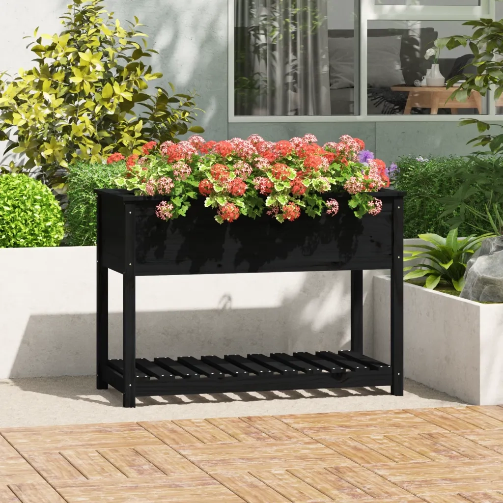 Fioriera con Mensola-Vaso con Ripiano-Contenitore per Piante Nera 111,5x54x81cm Legno Massello di Pino