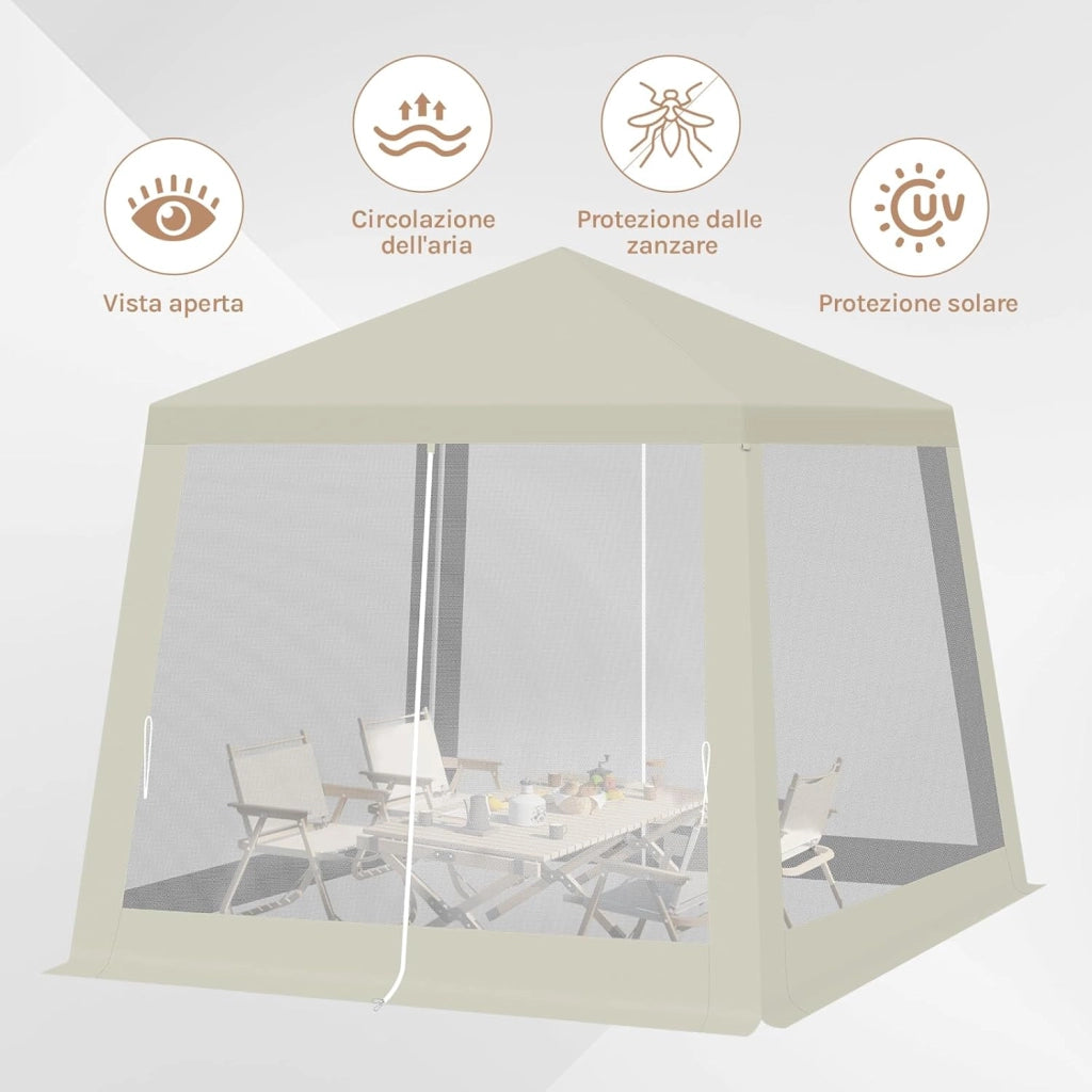 Gazebo 3x3 Pieghevole Idrorepellente, Pergolato da Giardino, Gazebo da Esterni, con Pareti Laterali a Zanzariera, per Campeggio, Feste, Beige