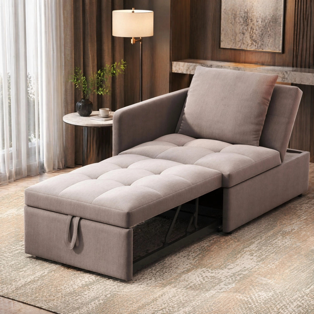 Divano letto multifunzione 3 in 1 con schienale regolabile a 5 posizioni, rivestimento grigio, soluzione salvaspazio per piccoli ambienti