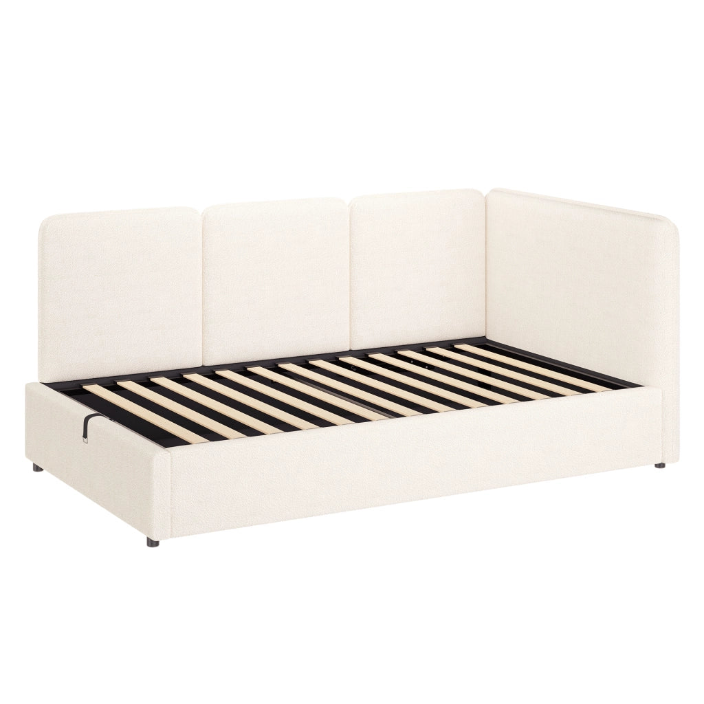 Letto singolo 90x200 cm con contenitore idraulico, imbottito in boucl¨¦ beige